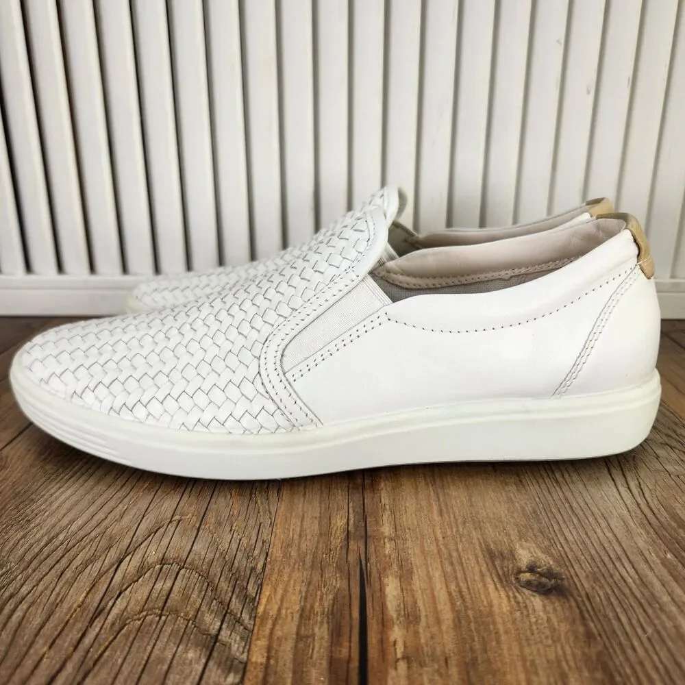 ECCO Soft 7 Woven Slip-On Womens Sz 9.5 White Leather Modern Sleek Loafers Shoes